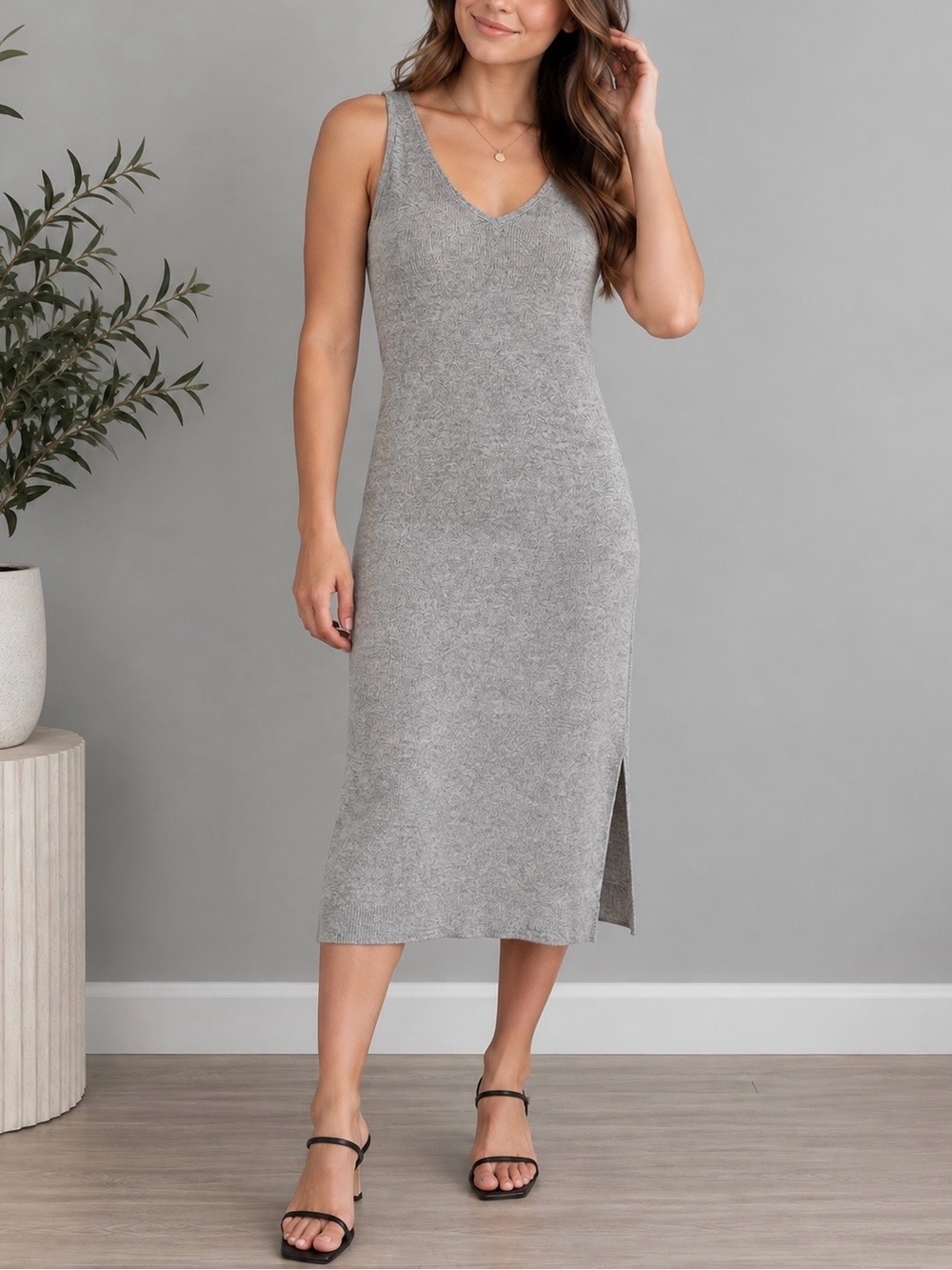 Club Monaco 100% Recycled Cashmere V-Neck Tank Midi Dress - Heather Gray - XS
